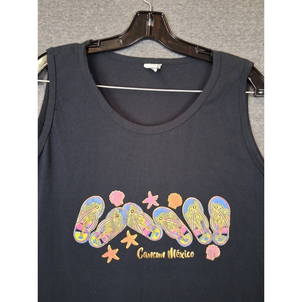 VTG Cancun Mexico Womens Dress M Black Shift Shirt Sandals Beach Resort